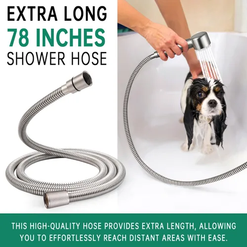 Vista 6 de Accesorio de ducha para perros de 3 modos, rociador de mano de alta presión con interruptor de encendido/apagado, desviador de ducha de metal