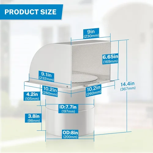 Vista 7 de Hon&Guan - Ventilación de pared con capucha de 8 pulgadas con solapa de sello magnético y malla extraíble, tapa de ventilación de pared de escape