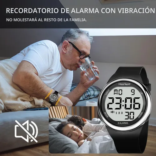 Vista 4 de Hearkent 8 Vibrating Alarms Watch Medication Reminder for Elderly Seniors Negro