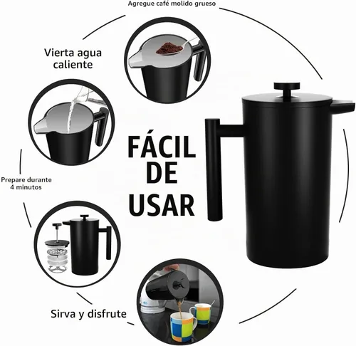 Vista 2 de Utopia Kitchen Cafetera de prensa francesa de acero inoxidable de grado 304, 12 onzas, prensa de café aislada de doble pared con sistema de Negro