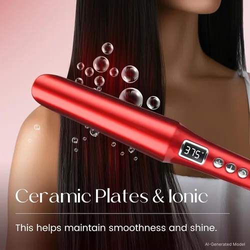 Vista 7 de Alisador y rizador de pelo 2 en 1, titanio y cerámica, rojo Plancha plana para cabello fino, calentamiento rápido, iones negativos, doble voltaje