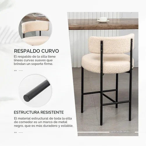 Vista 4 de Cinxzar Taburetes de Bar Boucle Juego de 2, Taburetes de Bar de Altura de Mostrador Beige con Respaldos, Taburetes Modernos para Isla de Cocina