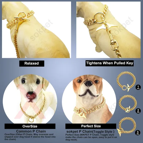 Vista 3 de Collar de cadena para perro de 18 quilates, cadena de eslabones cubanos de 0.394 in, fuerte, resistente, a prueba de mordidas, ajustable, con cierre