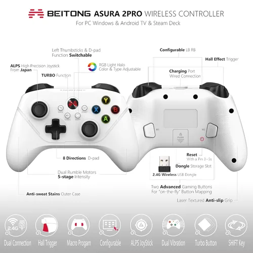 Vista 2 de BEITONG Asura 2 Pro Game Wireless Controller - Hall Effect Trigger, ALPS Joystick, Gaming Gamepad for PCSteamAndroid TVTesla, Programmable M Buttons