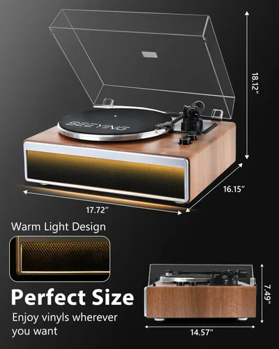 Vista 6 de SeeYing Reproductor de discos de vinilo con altavoces HiFi integrados, tocadiscos Bluetooth de transmisión por correa para discos de vinilo