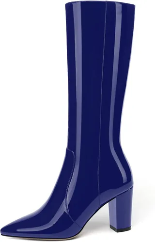 Vista 170 de AMBELIGHT Botas altas hasta la rodilla con cremallera y puntera puntiaguda para mujer, de patente sólida, tacón alto, 3.3 pulgadas