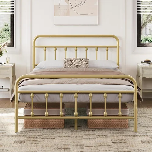 Vista 27 de Yaheetech Base de cama con plataforma de metal, cabecero y estribo Bronce