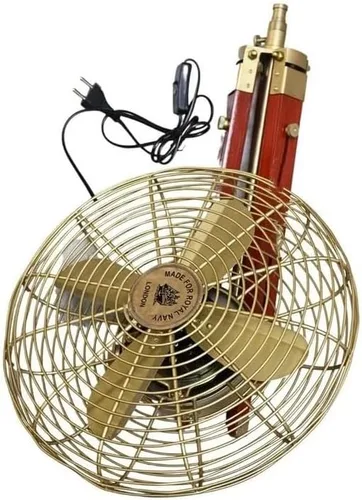 Vista 5 de Ventilador eléctrico con cable hecho a mano de latón antiguo estilo vintage con soporte de trípode ajustable de madera, diseño retro, coleccionable