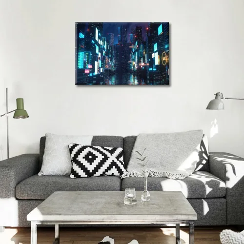 Vista 2 de 1 panel de cuadros de la ciudad de Cyberpunk, arte de pared, representación de vallas publicitarias, edificios modernos en la capital con obras