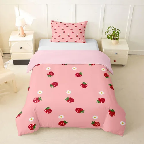 Vista 17 de Erosebridal - Juego de ropa de cama kawaii, juego de funda de edredón con diseño de fresa rosa, para mujeres, niñas y niños, decoración