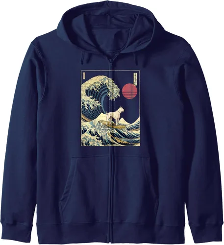 Vista 6 de Dogo Argentino - Sudadera con capucha japonesa Kanagawa Wave Funny Surf Dog, Negro