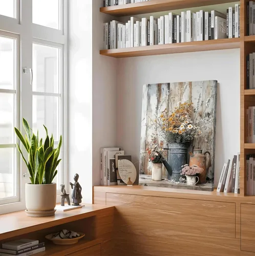 Vista 5 de Lienzo rústico con margaritas y margaritas, arte de pared, pintura campestre neutra, decoración de pared, flores, naturaleza muerta, botánica
