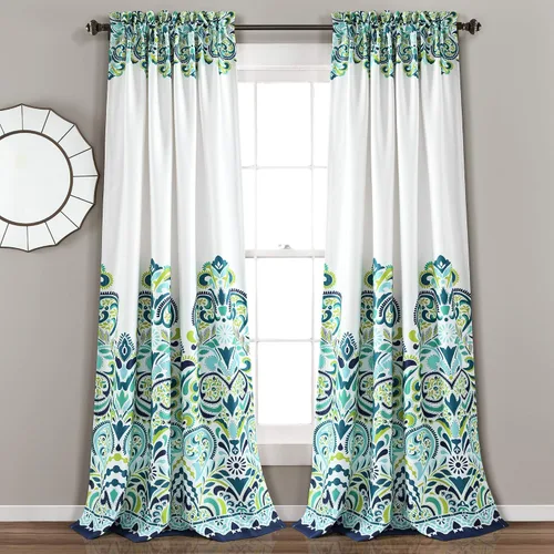 Vista 10 de Lush Decor Clara Valance - Cortina individual de estilo bohemio con estampado de damasco, cenefa, azul y verde