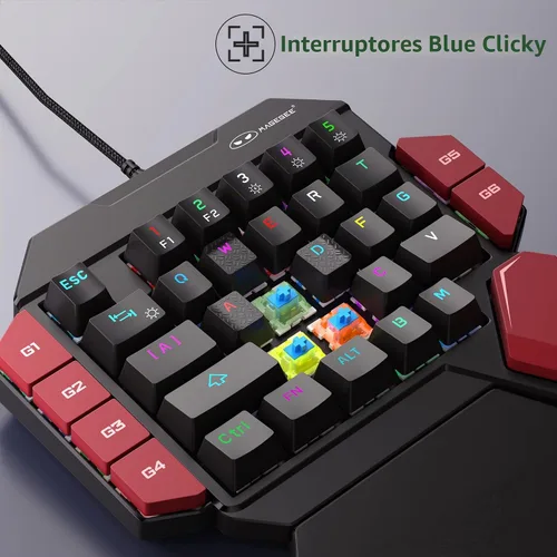 Vista 3 de MageGee Teclado profesional para juegos con una mano, retroiluminación RGB de 35 teclas, mini teclado mecánico con cable con interruptor azul