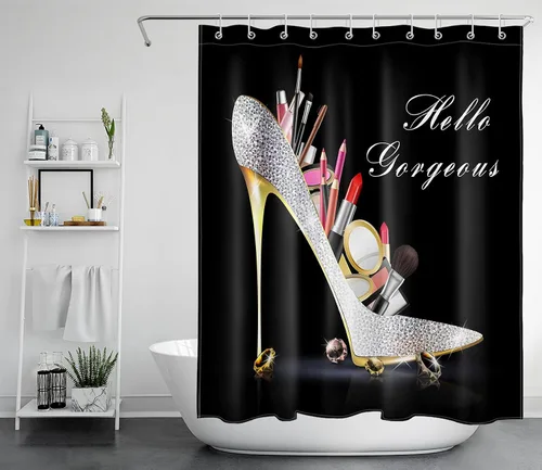 Vista 3 de EOBTAIN Cortina de ducha de tacón alto con diamantes de maquillaje Hello Gorgeous Lipstick Bling Fashion Shoes Sexy Girls Fancy Beautiful Lady