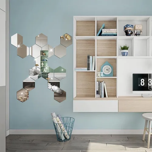 Vista 4 de Calcomanías de pared para bricolaje, juego de 12 calcomanías de espejo acrílico, calcomanías de pared de espejo hexagonal para decoración de sala