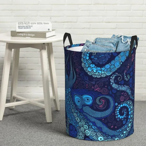 Vista 8 de Cesta circular con estampado de pulpo azul, impermeable, cesta organizadora de lavandería, con asas, para ropa, juguetes, pequeña