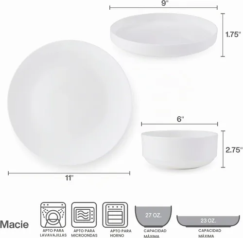 Vista 4 de Mikasa Macie Bone China - Juego de vajilla ligera de 12 piezas resistente a las astillas, servicio para 4, color blanco