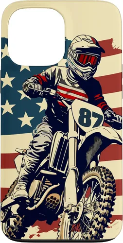 Vista 23 de Funda vintage para iPhone 16 Motocross Rider Dirt Bike con bandera estadounidense