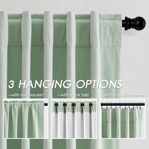 Vista 3 de Cortinas de lino 100% opacas para dormitorio, 102 pulgadas de largo, con pestaña trasera, bolsillo para barra, paneles acústicos con aislamiento