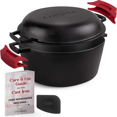 Vista 9 de Cuisinel Horno Holandés de Hierro Fundido - Olla Profunda de 3 Cuartos - Multicocina 2 en 1 Presazonada - Tapa Combinada que Funciona como Sartén