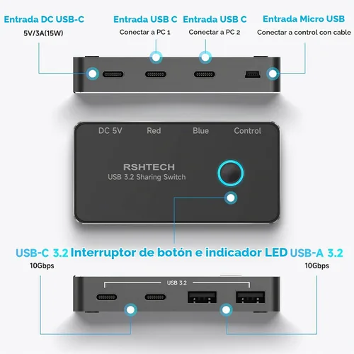 Vista 14 de RSHTECH USB 3.2/USB C Switch 10Gbps 2 ordenadores comparten 4 dispositivos, RSH-A201C Negro