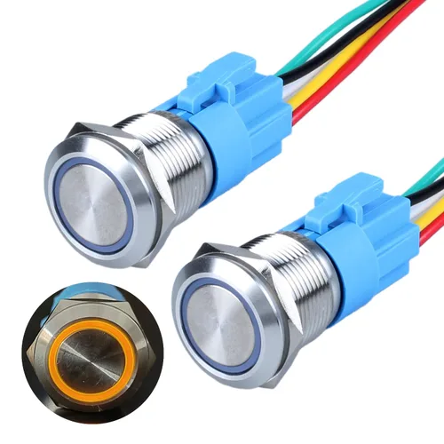 Vista 10 de 2 interruptores de botón de bloqueo de 0.748 in de 12 V-24 V, anillo de CC LED 1NO 1NC impermeable botón de metal negro encendido apagado
