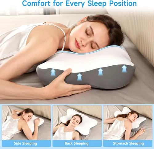 Vista 3 de Almohada cervical para el cuello con 2 alturas (5.31/3.54 pulgadas), almohada de cama tamaño Queen con funda de almohada refrescante, almohada
