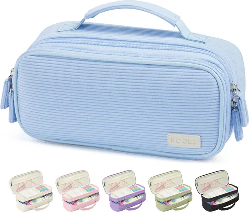 Vista 11 de Sooez Estuche grande para lápices, estuche de pana suave con asa, bonito estuche para bolígrafos, 5 compartimentos, organizador de amplia apertura