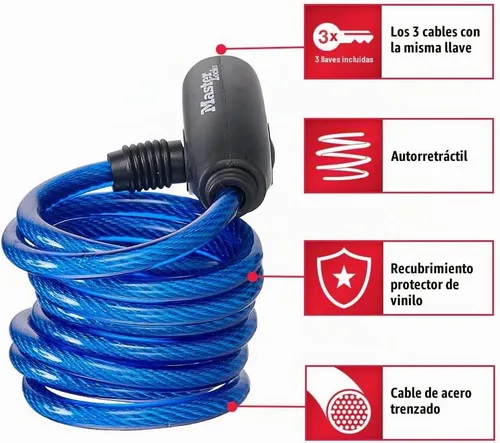 Vista 2 de Master Lock Cables para candado de bicicleta con llave, azul, verde y rojo, paquete de 3 cerraduras de cable de bicicleta con llave, 6 pies