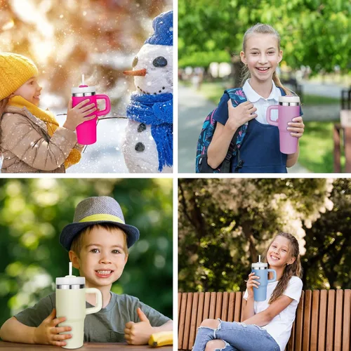 Vista 8 de Vaso de 14 oz con asa y pajita, vaso de 14 oz para niños con tapa y pajita, vasos de acero inoxidable para niños, para deportes al aire libre