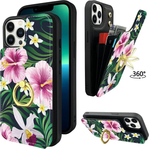 Vista 7 de Funda tipo cartera compatible con iPhone 13 Pro con soporte para tarjetas, rotación de 360°, soporte de anillo de dedo con función atril, bloqueo