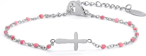 Vista 12 de Pulsera de Cuentas con Cruz Chapada en Oro de 14K para Mujeres, Pulsera de Acero Inoxidable Ajustable con Cruz de Fe Religiosa, Pulsera de Cadena