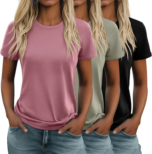 Vista 37 de Huukeay Paquete de 3 camisetas de algodón para mujer, estilo casual, de manga corta, cuello redondo, ajuste holgado, básica, lisa