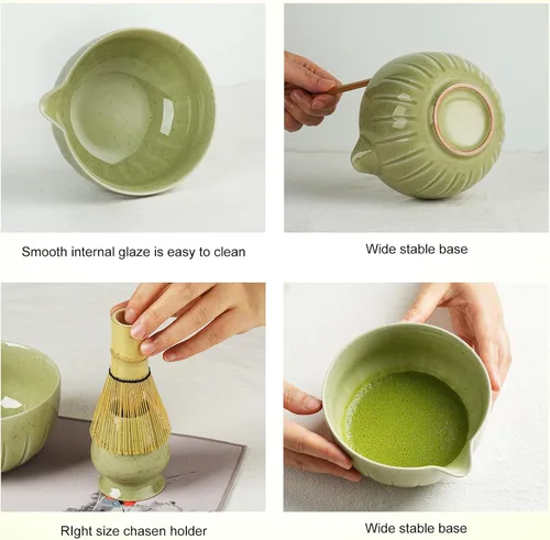 Vista 3 de Juego de batidor de matcha, juego de té japonés de 5 piezas, incluye cuenco de matcha con boquilla, batidor de bambú con soporte de cerámica
