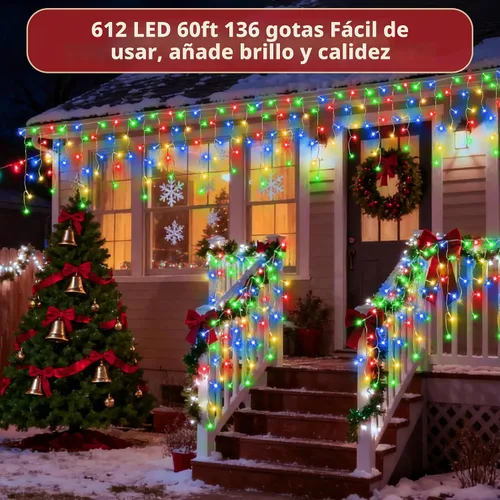 Vista 2 de 612 luces LED de Navidad de 60 pies con 136 caídas, 12 modos de iluminación, decoración navideña multicolor, luces centelleantes regulables 2-Varios