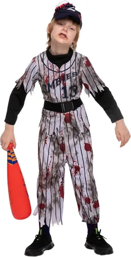 Vista 5 de Spooktacular Creations Disfraces de jugador de béisbol zombi para niños, disfraz de Halloween aterrador para niños, fiestas de Halloween