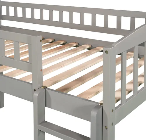 Vista 8 de Merax Cama tipo loft de tamaño individual con tobogán y escalera, marco de madera de pino macizo, gris
