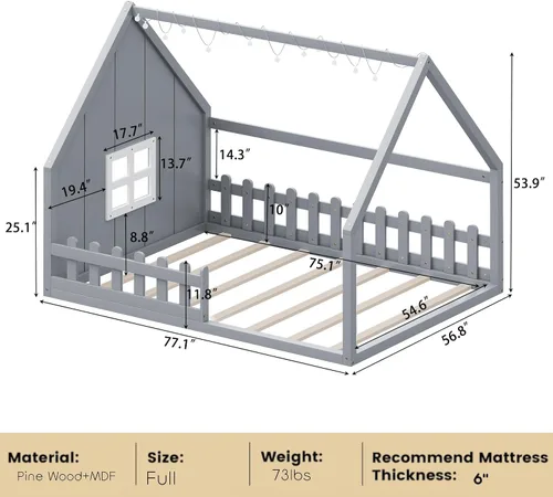 Vista 2 de Bellemave Cama de casa tamaño matrimonial, cama de piso de madera para niños, cama Montessori con barandillas y listones para niños y niñas, altura