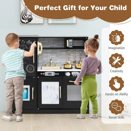 Vista 8 de Costzon Juego de cocina para niños, juego de juguetes de cocina de madera con sonido real, pizarra grande, teléfono, microondas, máquina de hielo