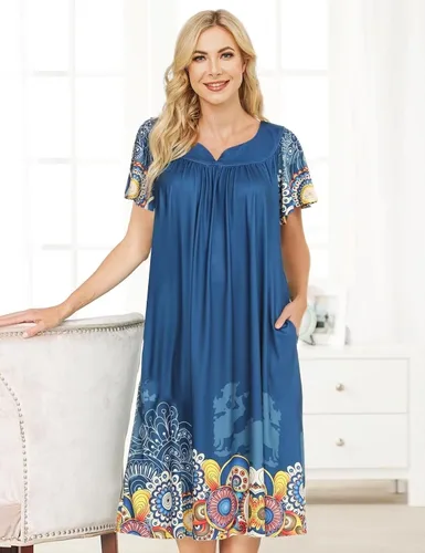Vista 2 de Muumuu - Vestidos de casa para mujer, camisón de manga corta Moomoo con bolsillos, tallas S-3XL