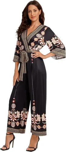 Vista 5 de Verdusa Mono bohemio floral de cintura alta con cinturón y pierna ancha para mujer
