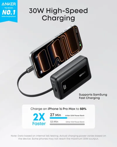 Vista 2 de Anker Cargador Portátil, Banco de Energía de 10,000mAh 30W, Paquete de Batería de Carga Rápida USB-C de Entrada y Salida, Cargador de Teléfono