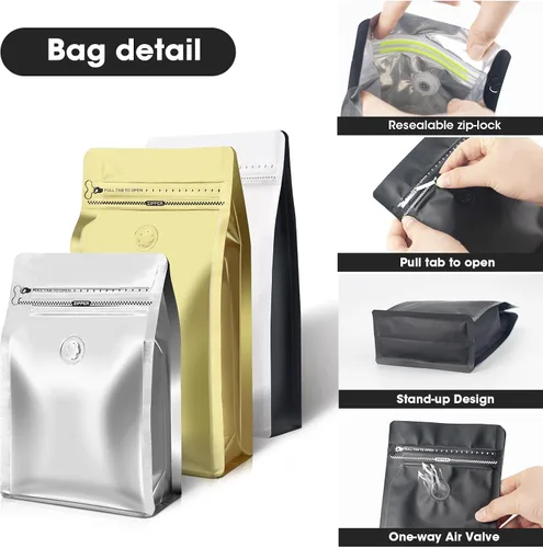 Vista 6 de Bolsas de café con válvula (60 piezas, 4 onzas, 0.25 libras) Bolsas de embalaje de granos de café ventiladas con alta barrera de papel de aluminio