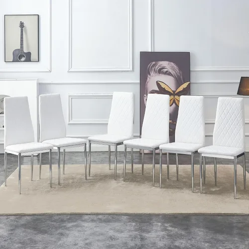 Vista 9 de Juego de 8 sillas de comedor modernas, sillas de cocina tapizadas minimalistas con respaldo alto, sillas laterales sin brazos con patas de metal