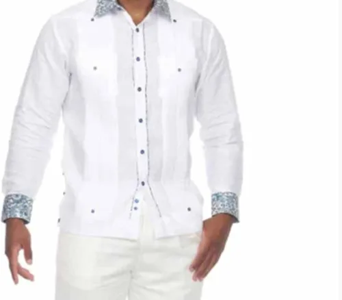 Vista 3 de Camisa Guayabera Manga Larga 100% Lino con Elegante Acento Arábesco. Color Blanco/Azul Marino