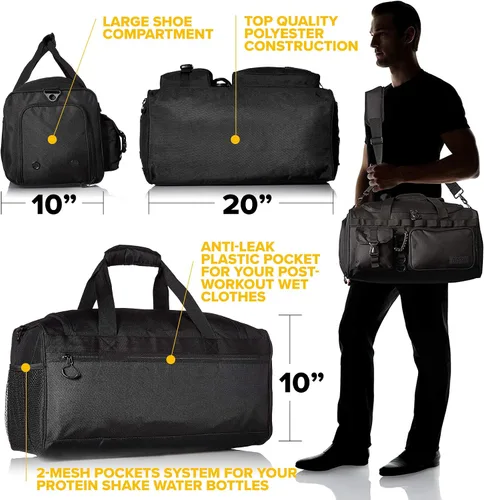 Vista 3 de Fitdom Bolsa de lona táctica negra de 20 pulgadas y 32 L con compartimento para zapatos. La mejor bolsa de entrenamiento para hombres y mujeres. La