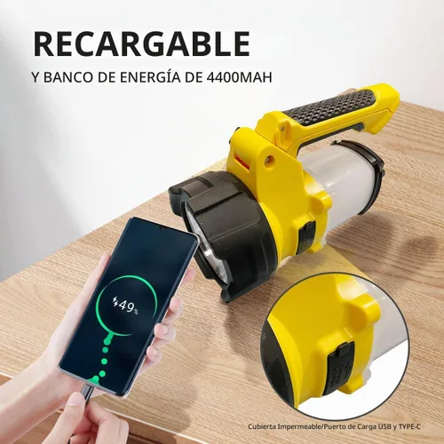 Vista 3 de Foco recargable 3 en 1, 6 modos de linterna LED de mano recargable, luz de campamento de energía portátil, IP65 impermeable adecuada para senderismo