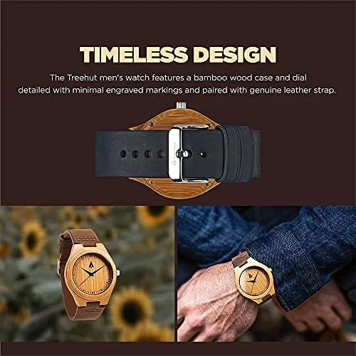 Vista 2 de Treehut Reloj de bambú de madera para hombre con correa de cuero genuino analógico de cuarzo..., Marrón Natural 1, Reloj de cuarzo