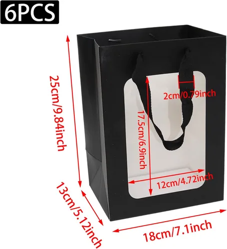 Vista 2 de Mormchlots 6 bolsas de regalo de papel kraft negro con ventana transparente